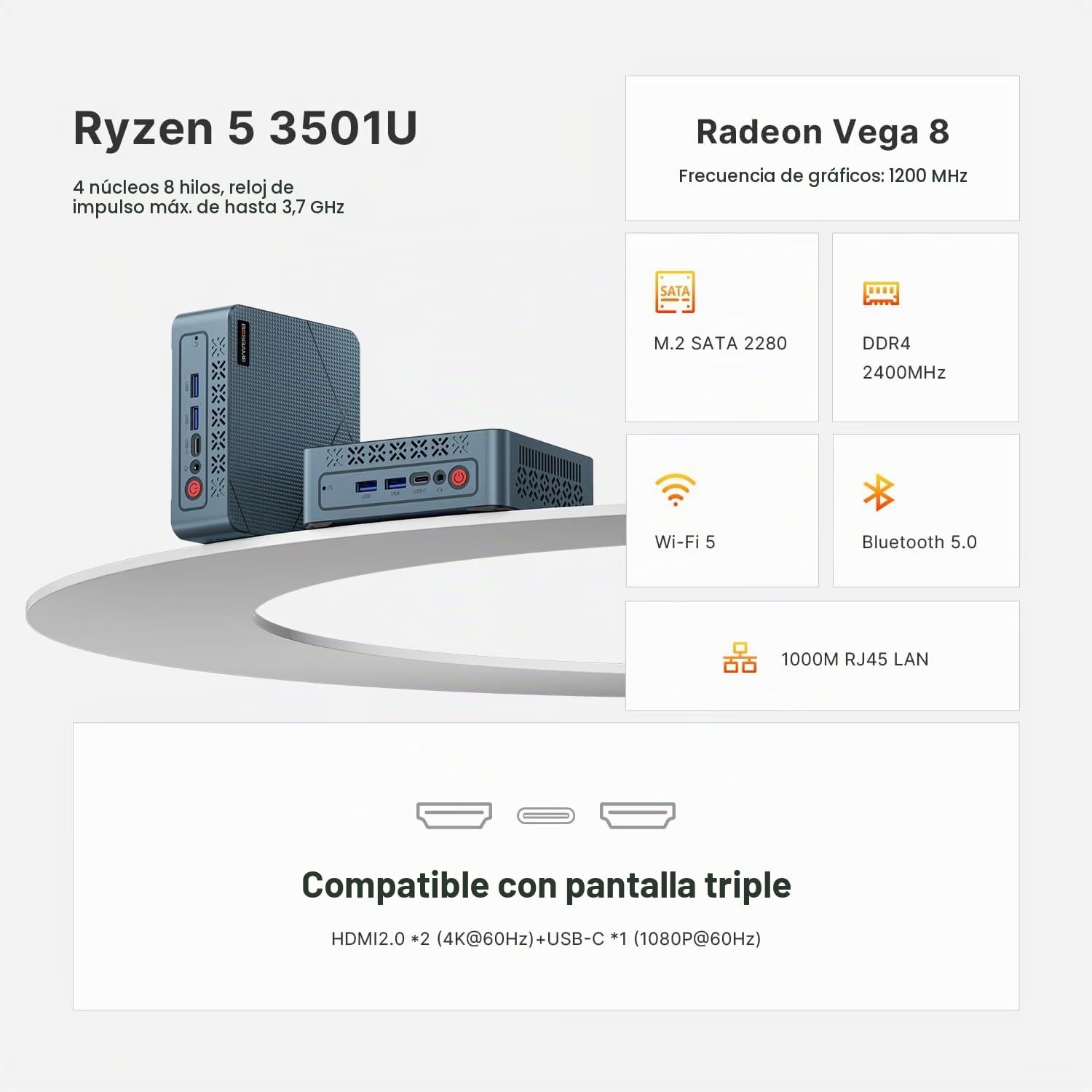 Mini PC Ryzen 5 3501U / 8GB RAM / 256GB SSD / 2X HDMI, Triple Pantalla, WiFi 5, BT 5.0, LAN RJ45, WOL Windows 11 - 2500