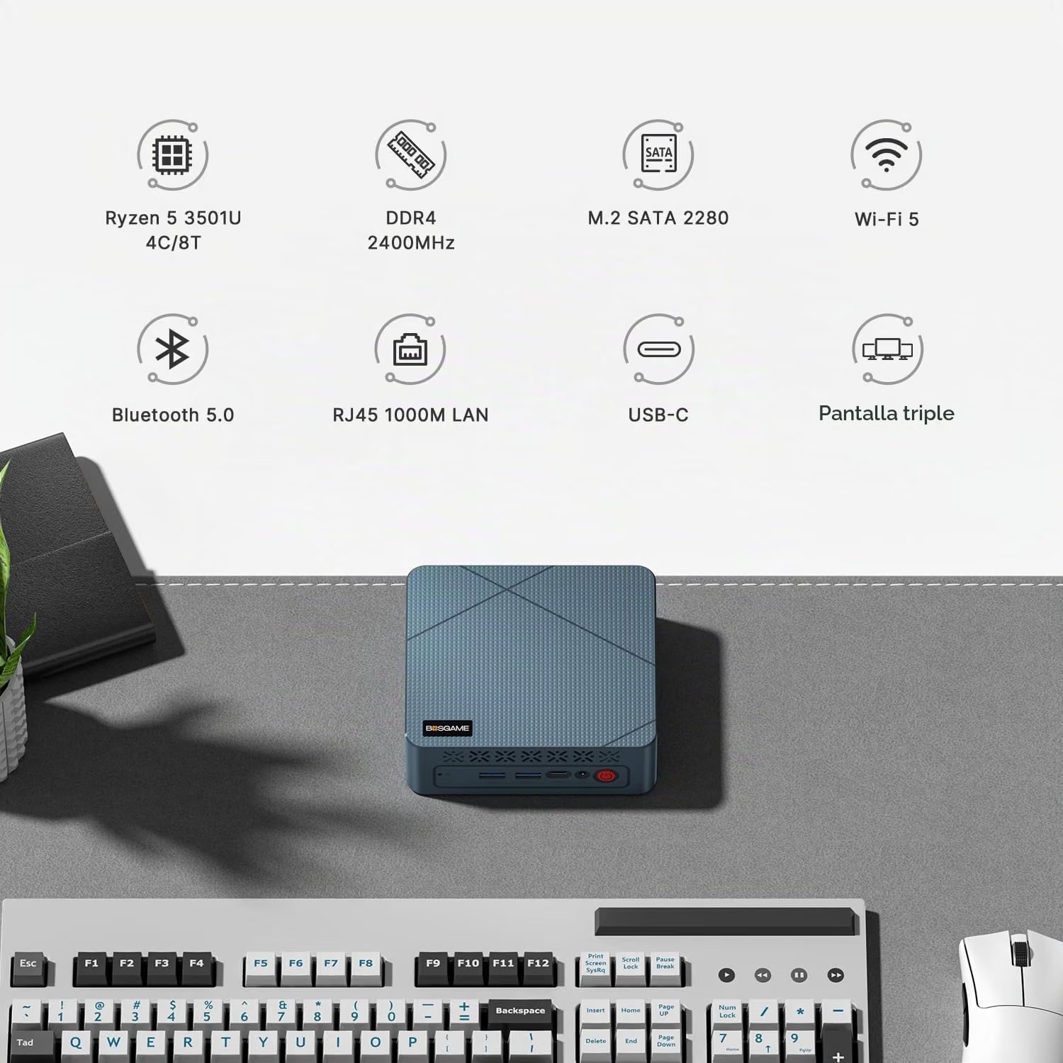 Mini PC Ryzen 5 3501U / 8GB RAM / 256GB SSD / 2X HDMI, Triple Pantalla, WiFi 5, BT 5.0, LAN RJ45, WOL Windows 11 - 2500